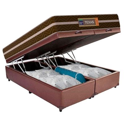 Cama Box Baú Casal Bipartido Sintético + Colchão Molas Ensacadas Texas Prime Colchões 138x188x67cm Marrom