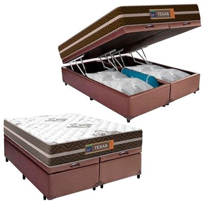 Cama Box Baú Casal Bipartido Sintético + Colchão Molas Ensacadas Texas Prime Colchões 138x188x67cm Marrom