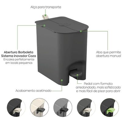 Lixeira Borboleta com Pedal 6 Litros Cinza Chumbo com Alça 10660-0536 Coza Lixeira Borboleta C-
