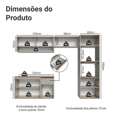Armário De Cozinha Completa 260 Cm Suspenso Nice Madesa 11 Crema