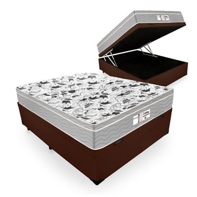 Cama Box Com Baú Casal Tecido Sintético Marrom Com Colchão De Molas Ensacadas - Probel - Evolution 138cm