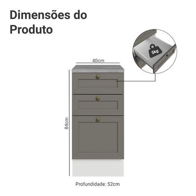 Balcão De Cozinha 40 Cm 3 Gavetas Branco/cinza Vik Madesa Branco/cinza