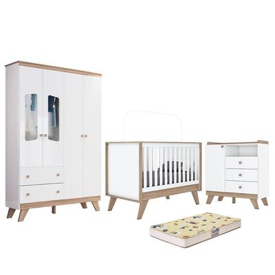 Dormitório Infantil Confete Com Guarda Roupa, Cômoda, Berço Branco-jequitibá E Colchão - Móveis Henn Branco-jequitibá