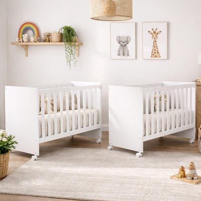 Kit Gêmeos Berço Mel Branco Brilho Com Colchões Baby Physical - Reller Móveis Branco Brilho