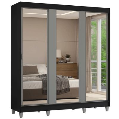 Guarda-roupa Casal Com Pés 3 Portas De Correr De Espelho Preto Cinza Reno Madesa