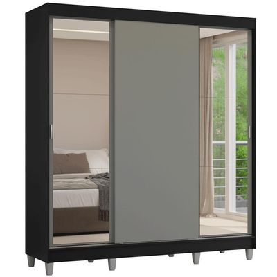 Guarda-roupa Casal Com Pés 3 Portas De Correr Com Espelhos Preto Cinza Reno Madesa