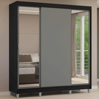 Guarda-roupa Casal Com Pés 3 Portas De Correr Com Espelhos Preto Cinza Reno Madesa