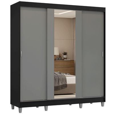 Guarda-roupa Casal Com Pés 3 Portas De Correr Com Espelho Preto Cinza Reno Madesa