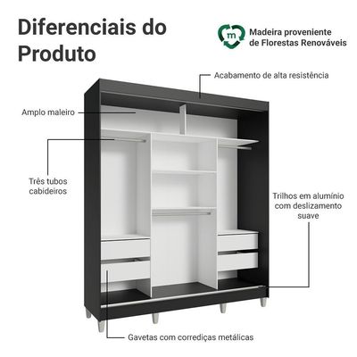 Guarda-roupa Casal Com Pés 3 Portas De Correr Com Espelho Preto Cinza Reno Madesa