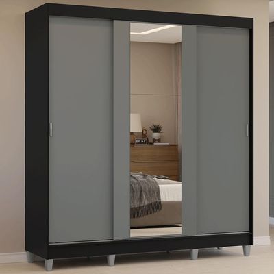 Guarda-roupa Casal Com Pés 3 Portas De Correr Com Espelho Preto Cinza Reno Madesa
