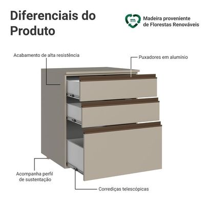Balcão De Cozinha 60 Cm 3 Gavetas Suspenso Nice Madesa Crema