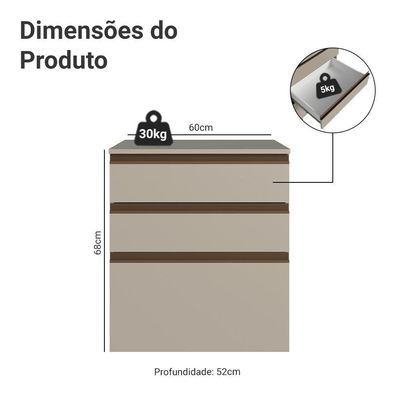 Balcão De Cozinha 60 Cm 3 Gavetas Suspenso Nice Madesa Crema