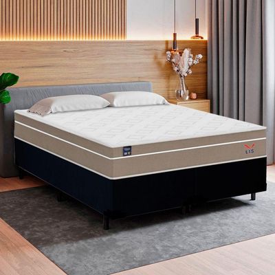 Cama Box Casal Bipartido Suede + Colchão Lis Molas Ensacadas Plumatex Preto 138cm - Suporta Até 120 Kg Por Pessoa