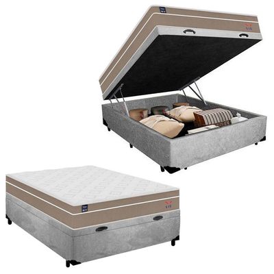 Cama Box Baú Casal Suede + Colchão Lis Molas Ensacadas Plumatex Cinza 138cm