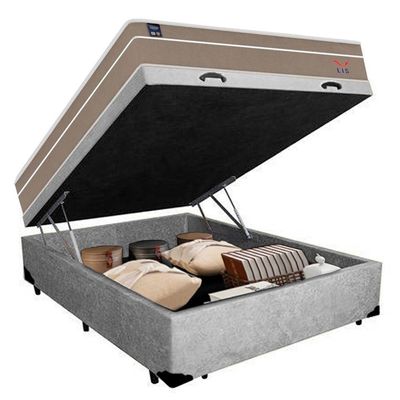 Cama Box Baú Casal Suede + Colchão Lis Molas Ensacadas Plumatex Cinza 138cm