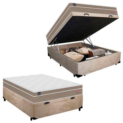 Cama Box Baú Casal Suede + Colchão Lis Molas Ensacadas Plumatex Bege 138cm