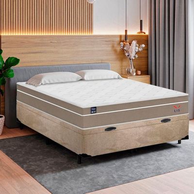 Cama Box Baú Casal Suede + Colchão Lis Molas Ensacadas Plumatex Bege 138cm