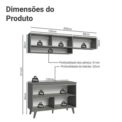 Armário De Cozinha Compacta 200cm Nice Madesa XA09 Cinza