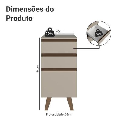 Balcão De Cozinha 40 Cm 3 Gavetas Com Pés Nice Madesa Crema