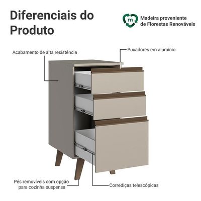 Balcão De Cozinha 40 Cm 3 Gavetas Com Pés Nice Madesa Crema