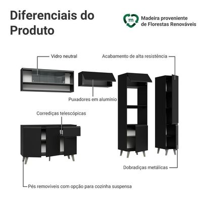 Armário De Cozinha Completa 300 Cm Preto Nice Madesa 09 Preto