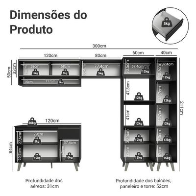 Armário De Cozinha Completa 300 Cm Preto Nice Madesa 09 Preto