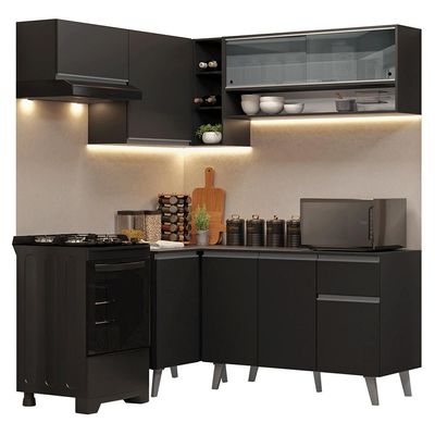 Armário De Cozinha Completa De Canto 325 Cm Preto Nice Madesa 04 Preto