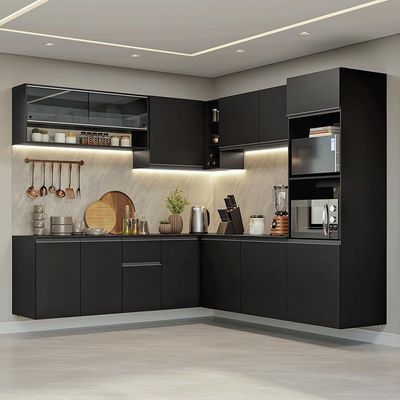 Armário De Cozinha Completa De Canto 445 Cm Suspenso Preto Nice Madesa 04 Preto