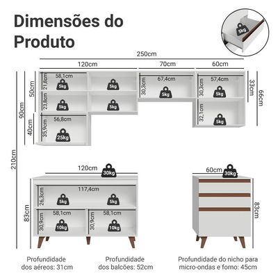 Armário De Cozinha Completa 250cm Branco Reims Madesa 09 Branco