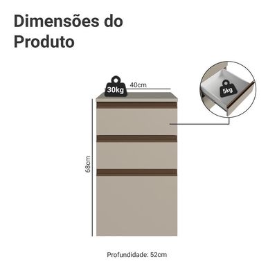 Balcão De Cozinha 40 Cm 3 Gavetas Suspenso Nice Madesa Crema
