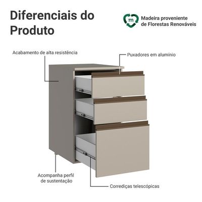 Balcão De Cozinha 40 Cm 3 Gavetas Suspenso Nice Madesa Crema