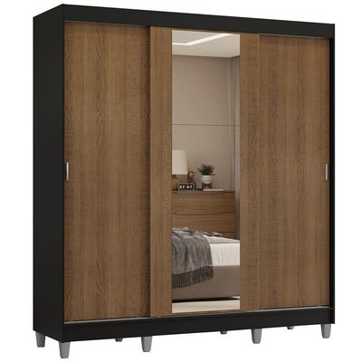 Guarda-roupa Casal Com Pés 3 Portas De Correr Com Espelho Preto Rustic Reno Madesa