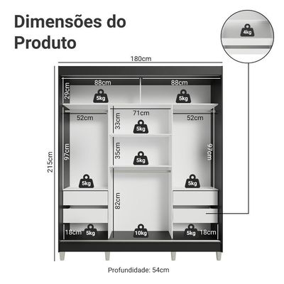 Guarda-roupa Casal Com Pés 3 Portas De Correr Com Espelho Preto Rustic Reno Madesa