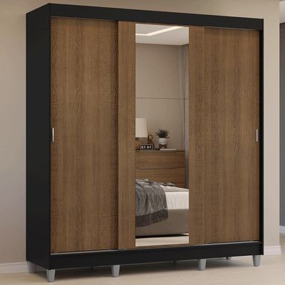 Guarda-roupa Casal Com Pés 3 Portas De Correr Com Espelho Preto Rustic Reno Madesa