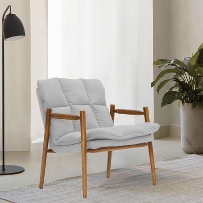 Poltrona Hermes Base Madeira Castanho Bouclé Cinza Claro - Nexta Casa