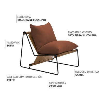 Poltrona Decorativa Turim Base Aço Preto Recouro Camel Linho Telha - Nexta Casa