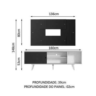 Rack Dubai com Pés e Painel até 58" Branco/preto Madesa