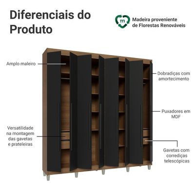 Guarda-roupa Casal Com Pés 8 Portas Batentes Rustic-preto-preto Saturno Madesa