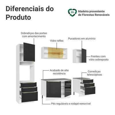 Armário De Cozinha Completa 240cm Branco/preto Lux Madesa 08 Branco/preto Branco/preto