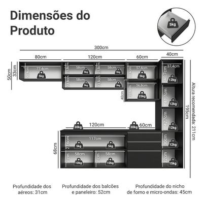 Armário De Cozinha Completa 300 Cm Suspenso Preto Nice Madesa 10 Preto