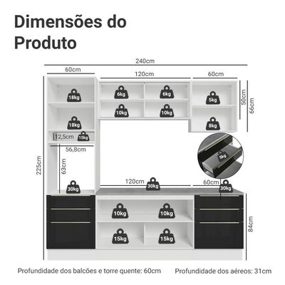 Armário De Cozinha Completa 240cm Branco/preto Lux Madesa 08 Branco/preto Branco/preto