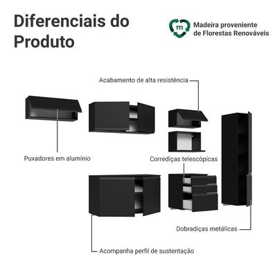 Armário De Cozinha Completa 300 Cm Suspenso Preto Nice Madesa 10 Preto