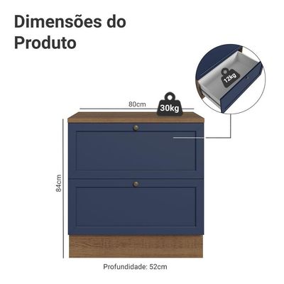 Balcão De Cozinha 80 Cm 2 Gavetas Rustic/azul Vik Madesa Rustic/azul