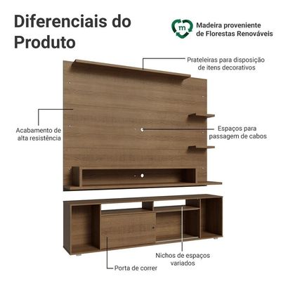 Rack Com Painel Para Tv Até 60 Polegadas 180 Cm Rustic Cancun Madesa Rustic