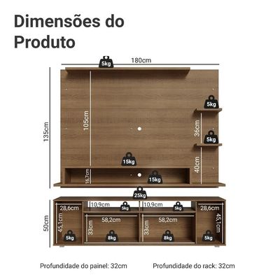 Rack Com Painel Para Tv Até 60 Polegadas 180 Cm Rustic Cancun Madesa Rustic
