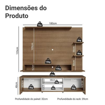 Rack Com Painel Para Tv Até 60 Polegadas 180 Cm Rustic/branco Metz Madesa Rustic/branco