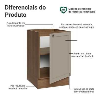 Balcão De Cozinha 50cm 1 Porta (sem Tampo) Rustic-crema Vik Madesa Rustic-crema