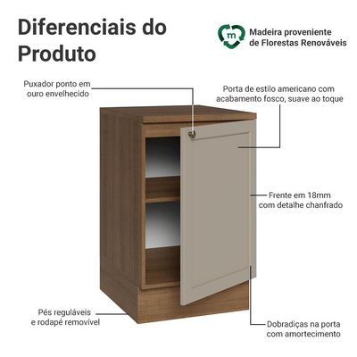 Balcão De Cozinha 50cm 1 Porta (com Tampo) Rustic/crema Vik Madesa Rustic/crema