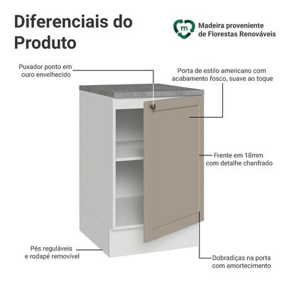 Balcão De Cozinha 50cm 1 Porta (com Tampo) Branco-crema Vik Madesa Branco-crema