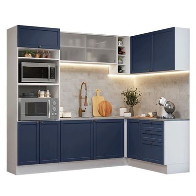 Armário De Cozinha Completa De Canto 399 Cm Branco-azul Vik Madesa 01 Branco-azul